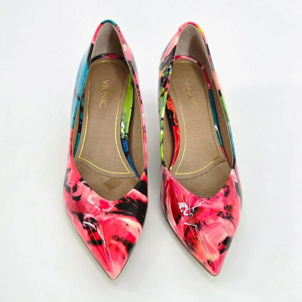 Vionic Josie Floral Patent Leather Pointed Toe Kitten Heels Pumps Women's Size 8